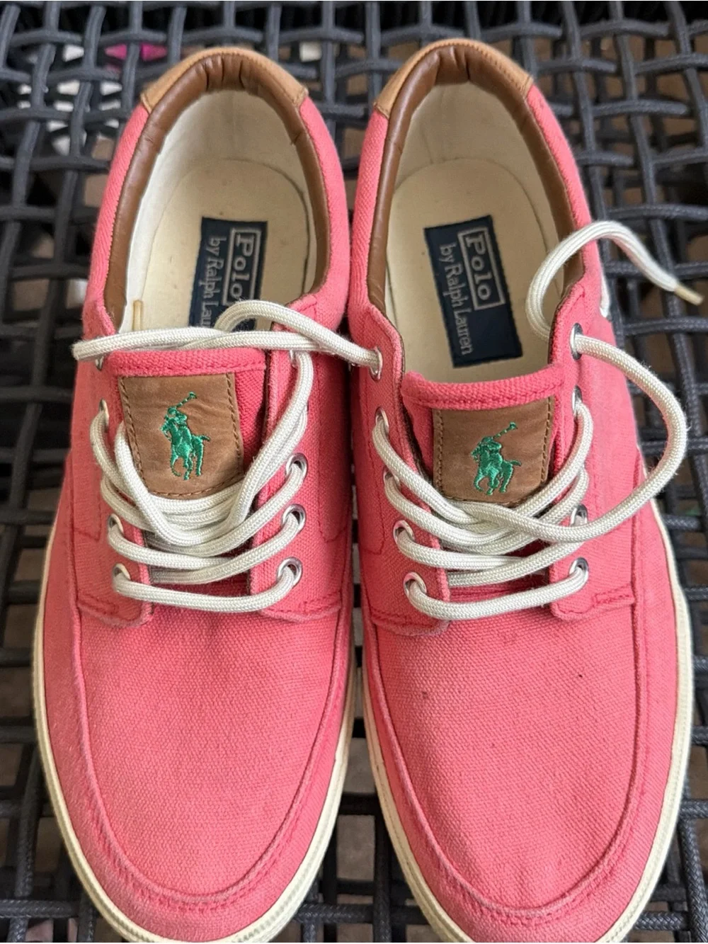 Polo by Ralph Lauren Men’s Coral Canvas Boat Shoes with Cream Laces